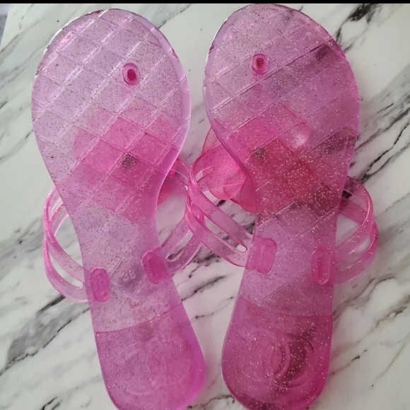 Pink Glitter Jelly Sandals with Flower Accent - Picture 2 of 6